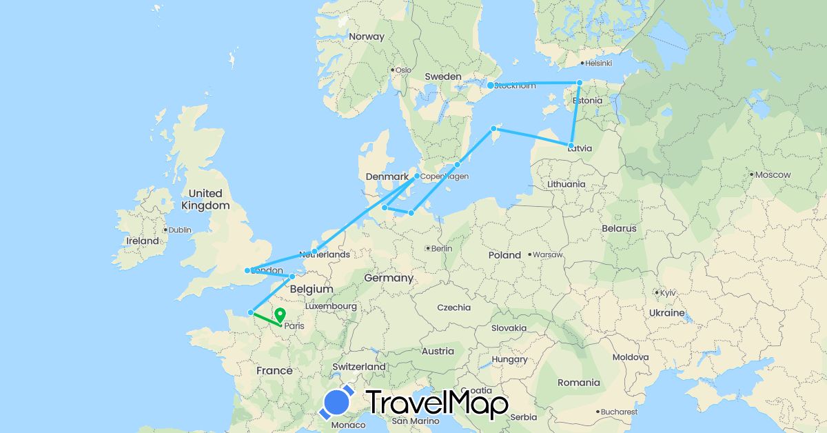 TravelMap itinerary: driving, bus, boat in Belgium, Germany, Denmark, Estonia, France, United Kingdom, Latvia, Netherlands, Sweden (Europe)